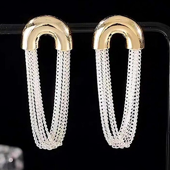 Gold Silver Chain Link Dangle Earrings Punk Retro Minimalist - Picture 3 of 10